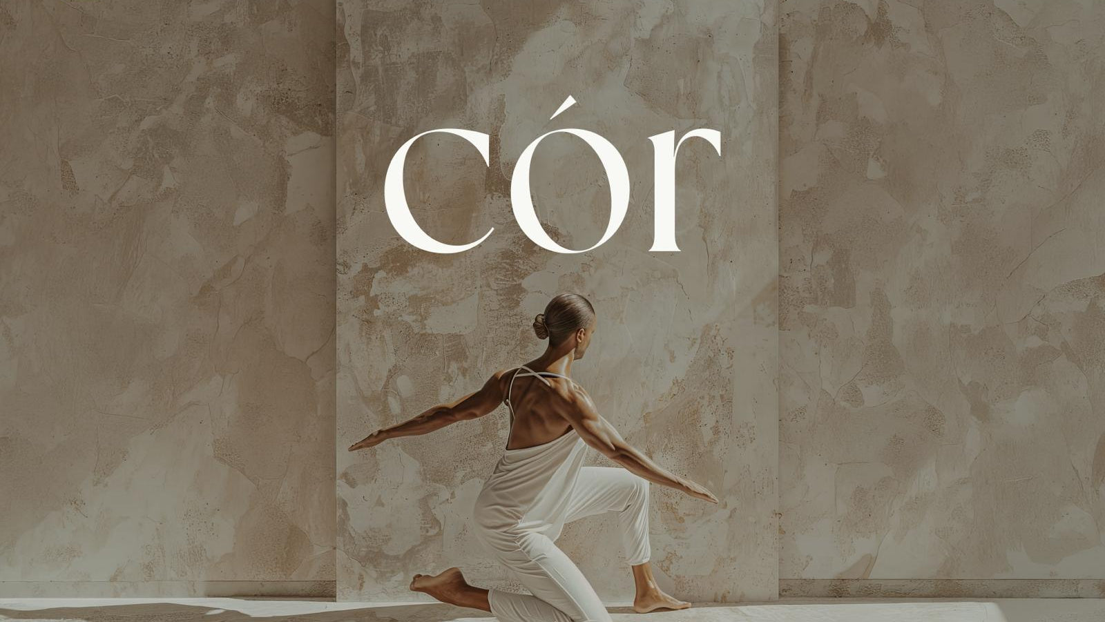 Person in a yoga pose with 'cór' branding and 'Reformer Pilates Studio' text on a textured wall background.